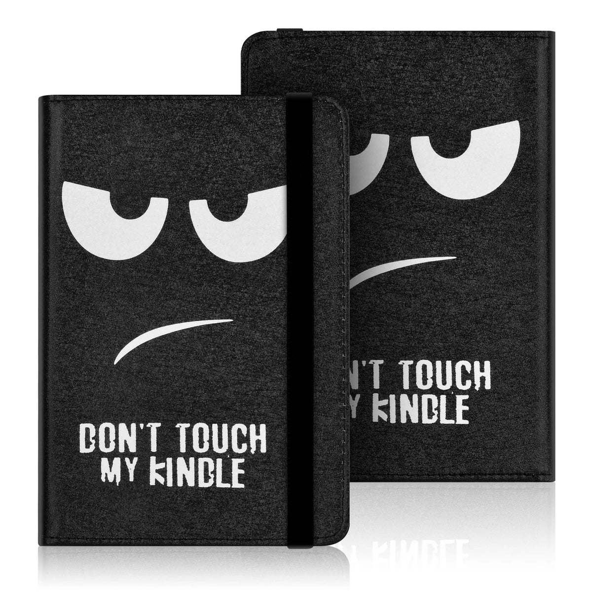 Black protective case for an e-reader featuring a stylized angry face design.