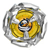 A silver metal spinning top with a yellow center and an orange and white tiger graphic.