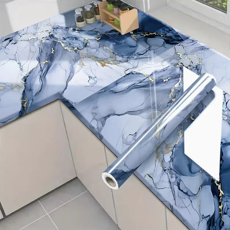 Marble pattern peel and stick self-adhesive wallpaper featuring blue and white marble with gold veining