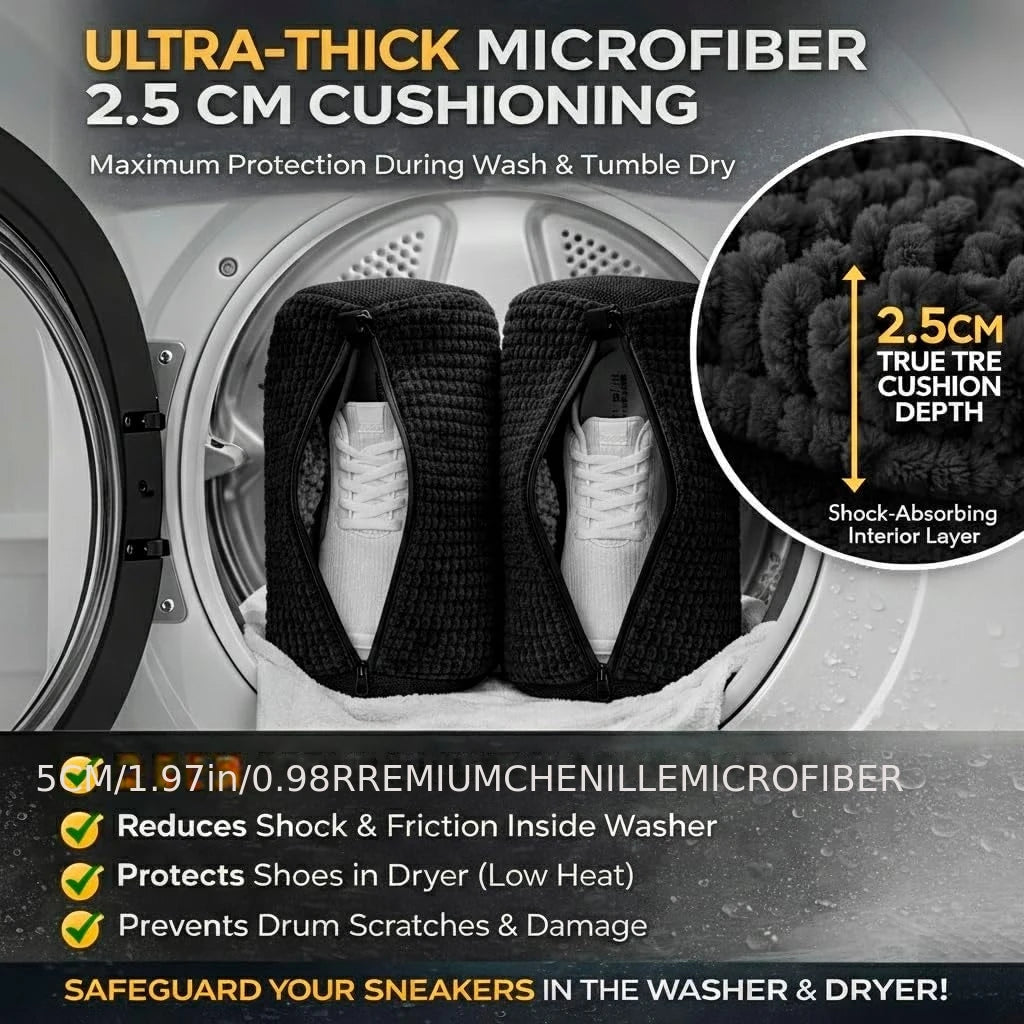 Ultra-thick microfiber shoe washing bags with 2.5 cm cushioning protecting shoes during wash and tumble dry