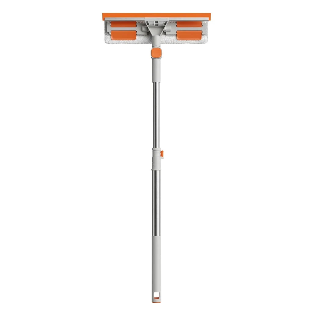 A double-sided window cleaning tool with an orange squeegee and a silver extension handle.