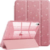 Étui protecteur scintillant rose pour iPad, ouvert avec une housse séparée en dessous.