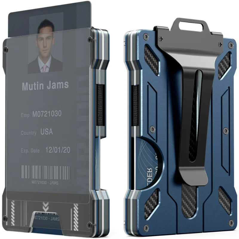 A slim aluminum money clip wallet with RFID protection shown in a vertical view.