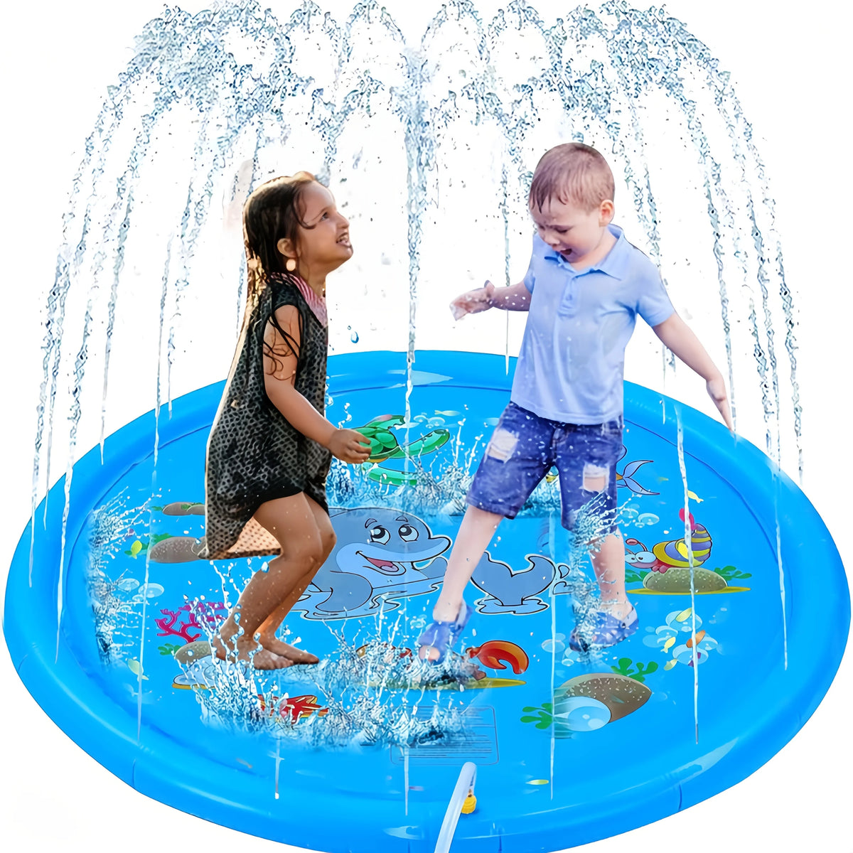 A toddler is playing in a blue inflatable splash pad while water sprays from above.