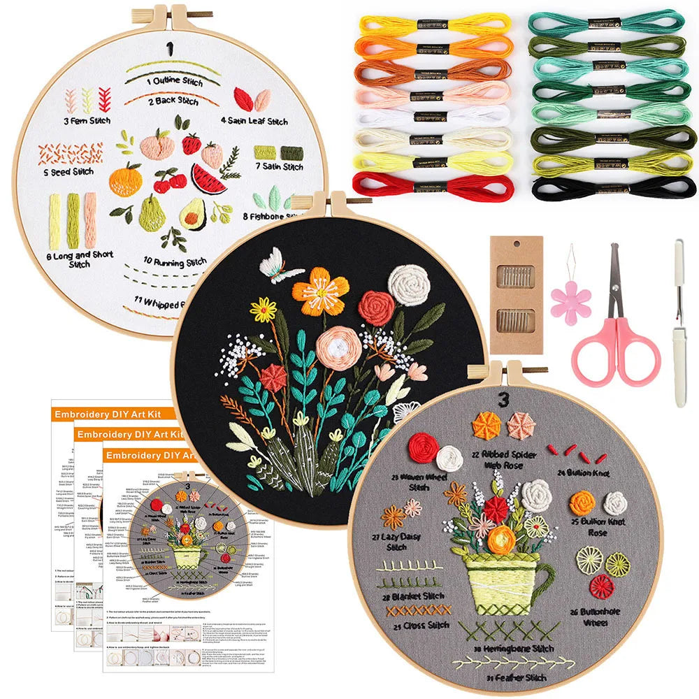 Beginner Embroidery Kit with Stamped Patterns and Tools