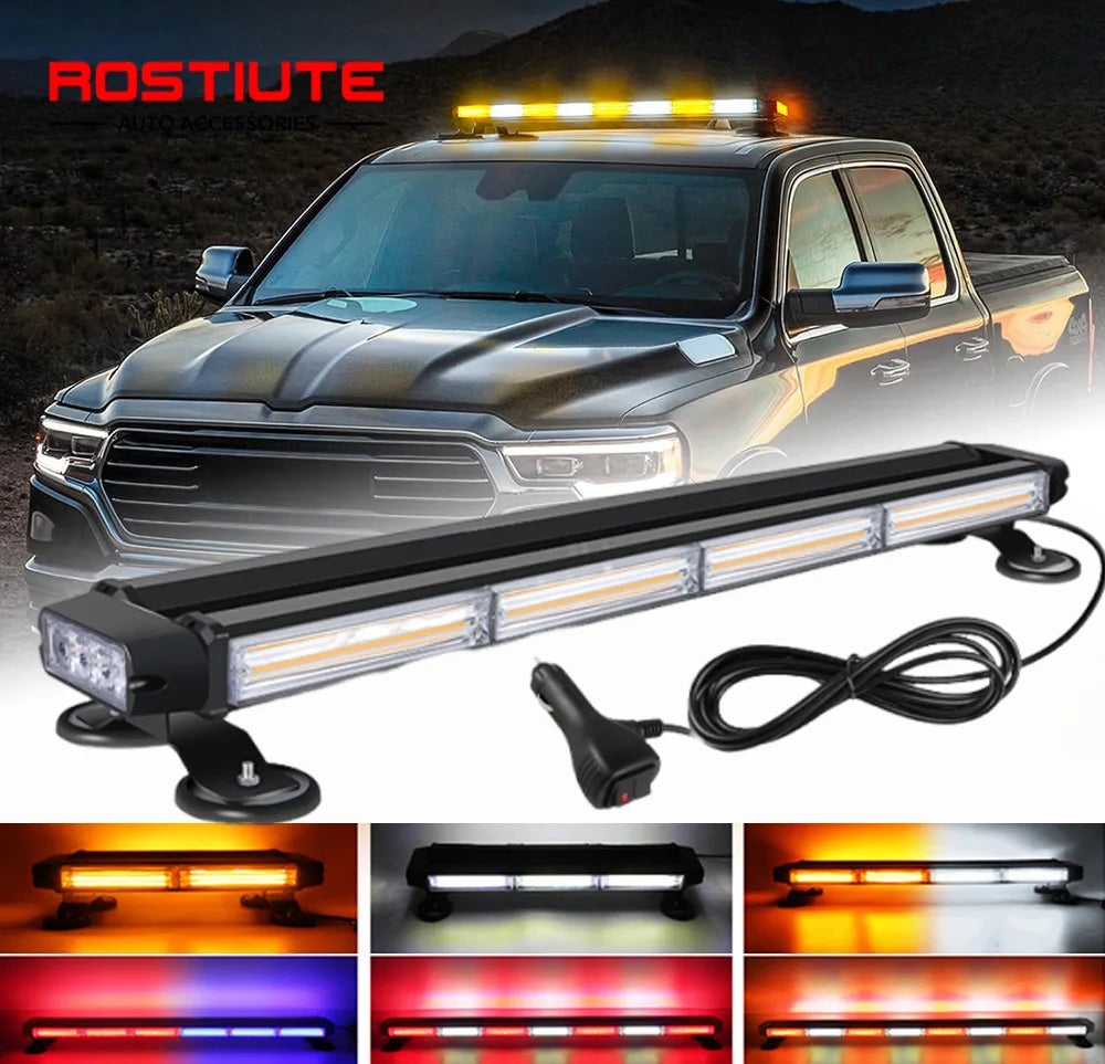 LED rooftop strobe light bar mounted on a truck, shown in various colors and angles.
