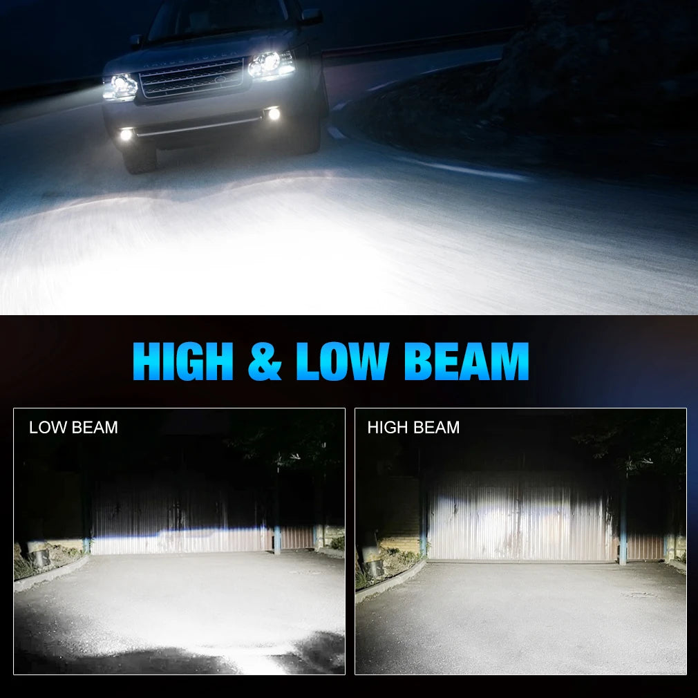 Demonstration of high and low beam headlights illuminating a road and a wall.