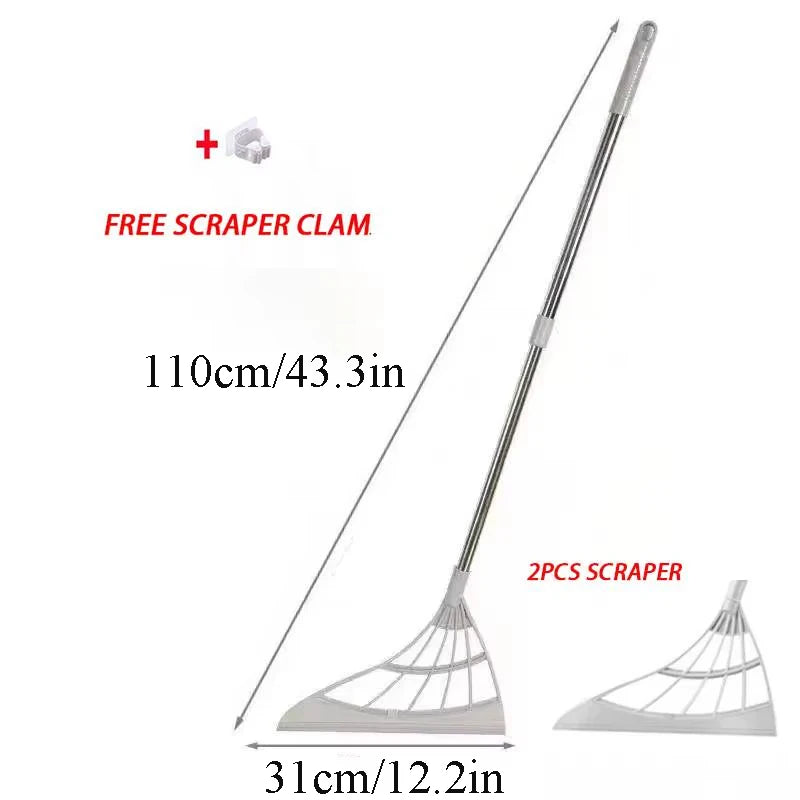 A silicone squeegee broom with a long adjustable handle and two scrapers shown in detail.