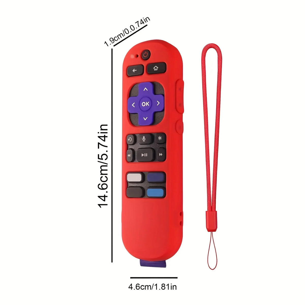 Red silicone remote cover with glow-in-the-dark features and a lanyard for Roku devices