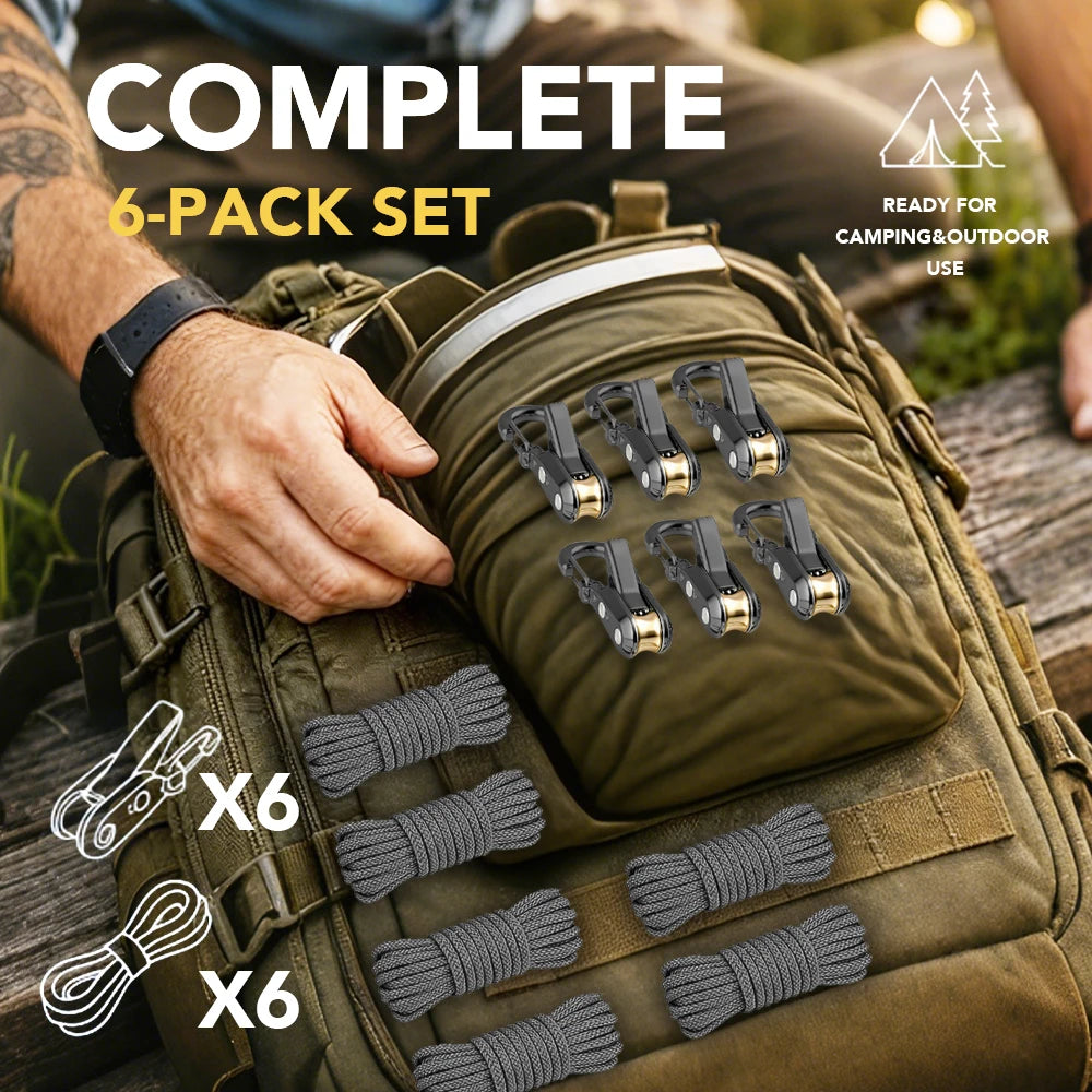 A hand holds a complete 6-pack set of heavy-duty paracord tensioners with alloy carabiners in olive green fabric.