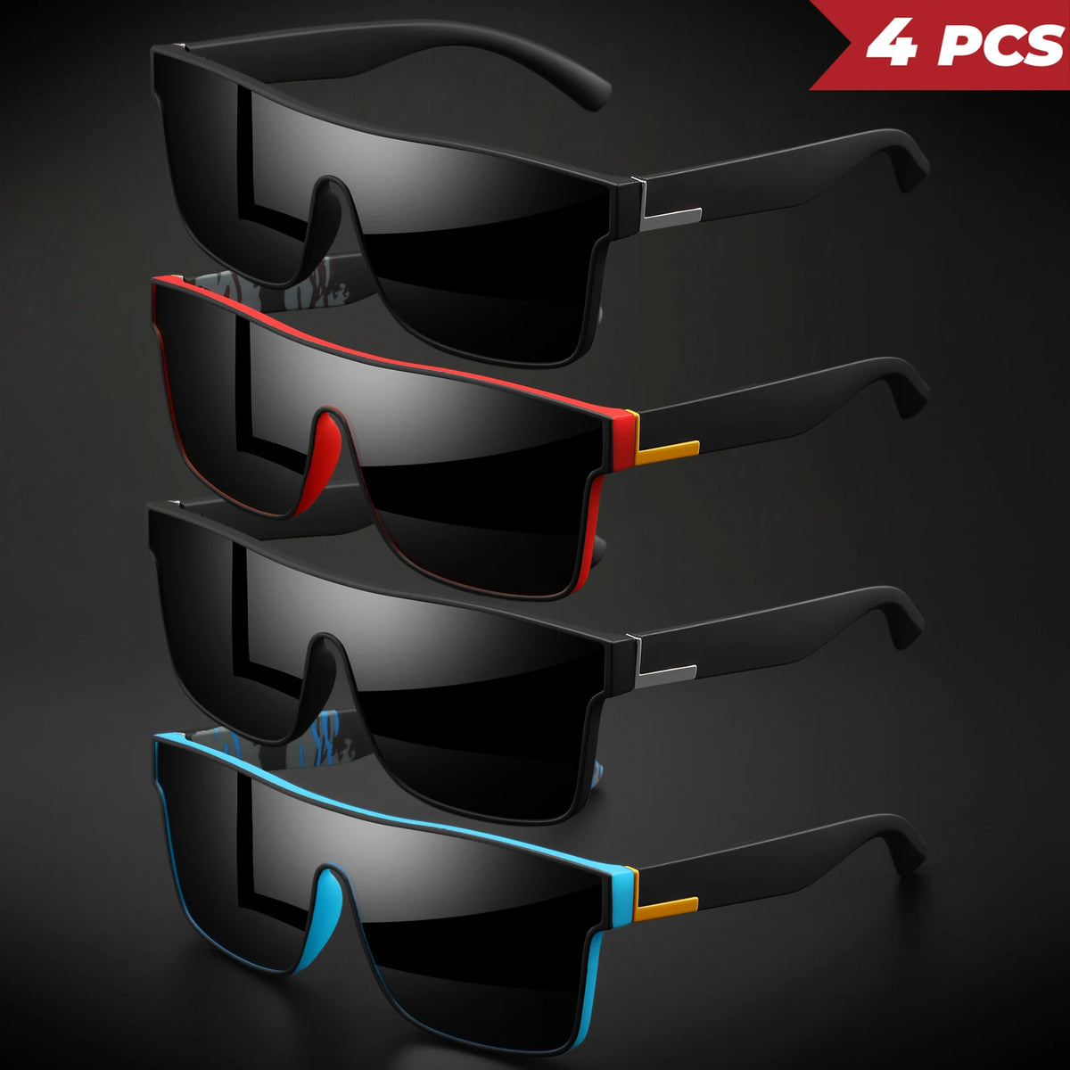 Four pairs of black square sports sunglasses with colored accents displayed against a dark background.