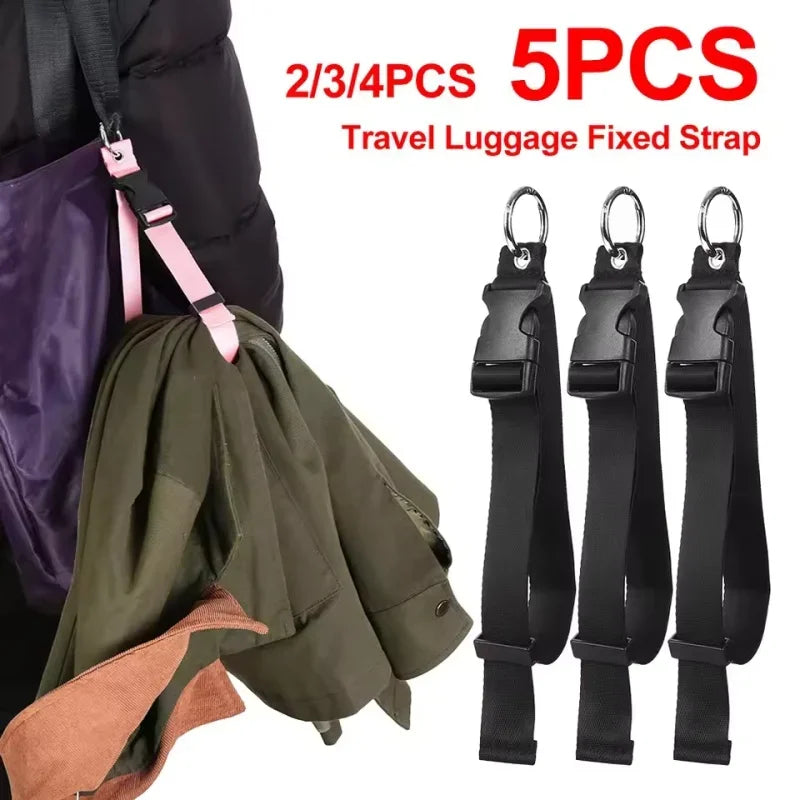 Five black travel luggage fixed straps shown with a dark green jacket.