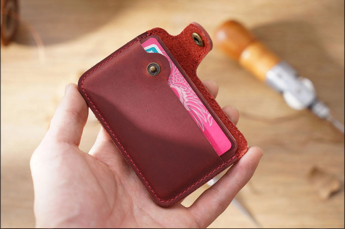 Vintage Leather Slim Card Holder with Snap Closure