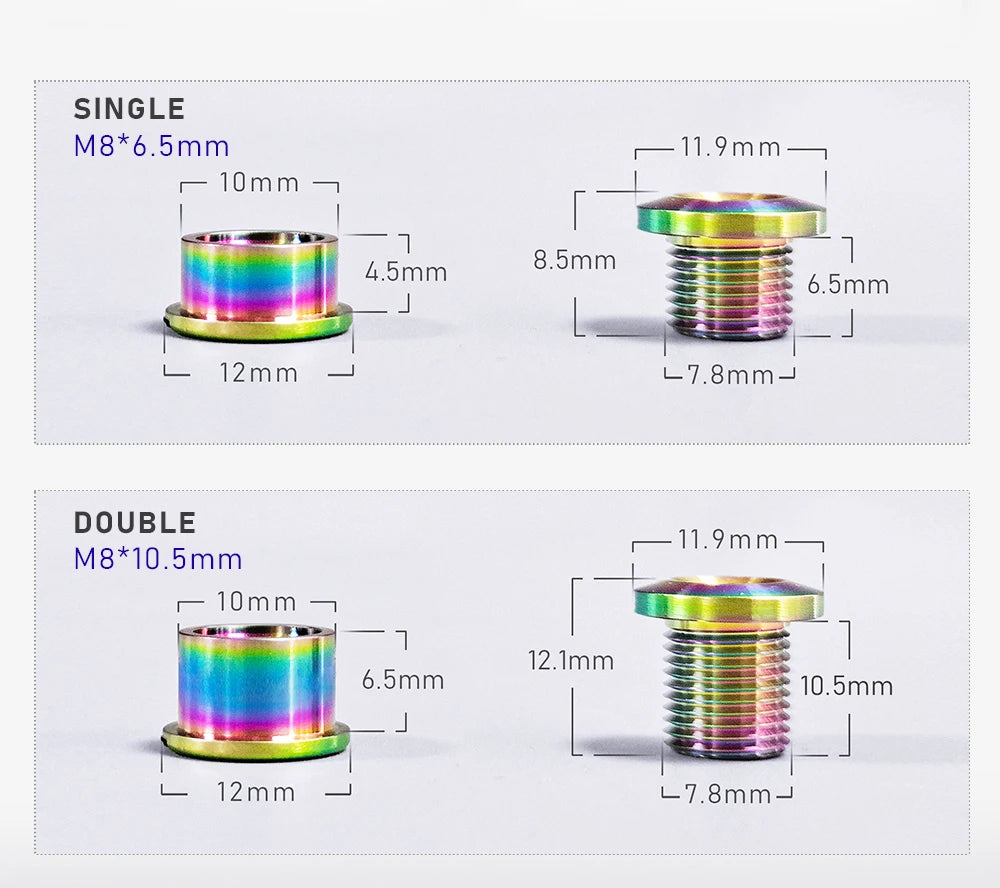 Comparison of single and double M8 chainring bolts for bicycle applications, showing dimensions and thread details.