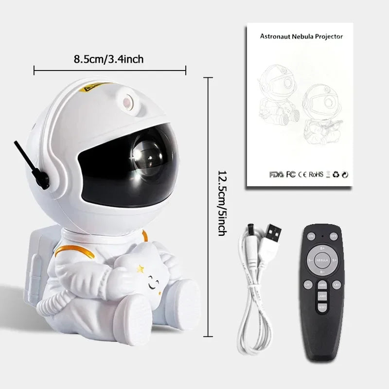 A white astronaut night light projector with a clear visor and accompanying remote control.