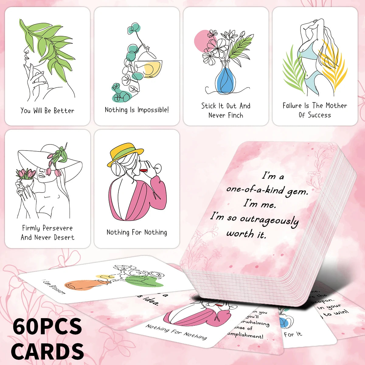 Ein Set von 60 inspirierenden Affirmationskarten mit positiven Botschaften und Illustrationen.