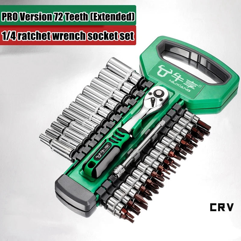 A green and silver 1/4 ratchet wrench socket set with an extended tool is shown on a white background.