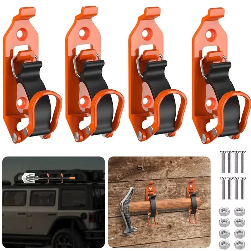 Orange heavy-duty wall mount tool holder for shovels, axes, and other tools shown with mounting hardware.