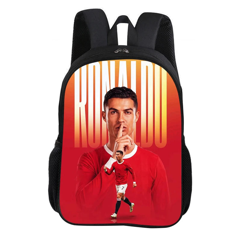 A red backpack featuring a graphic of a soccer player's face and the text RONALDO.
