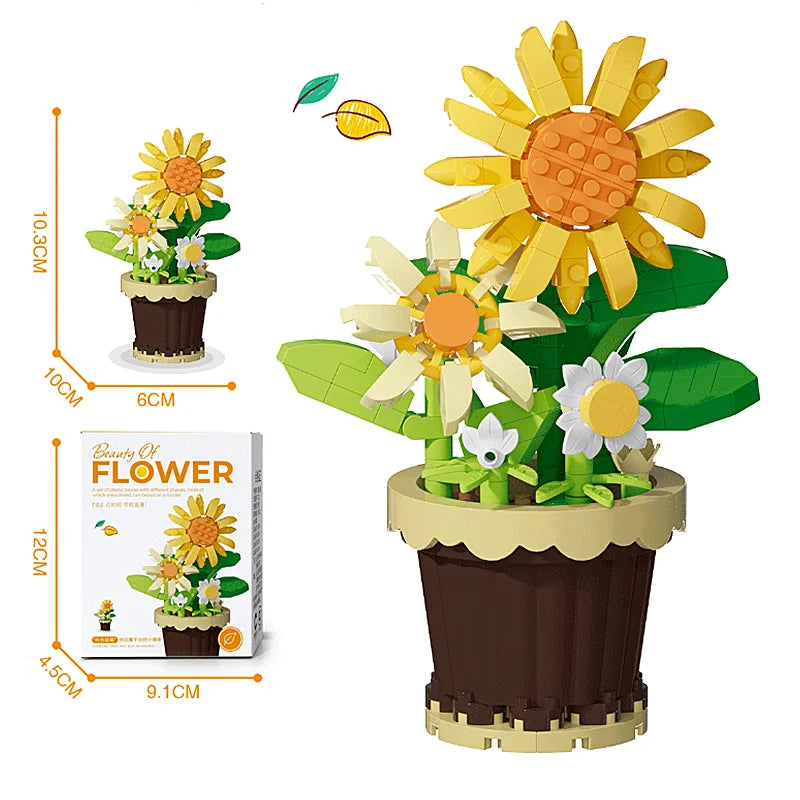 A set of flower pot building blocks featuring sunflowers, roses, and carnations in various sizes.