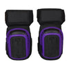A pair of black heavy-duty gel knee pads with purple accents and adjustable straps.