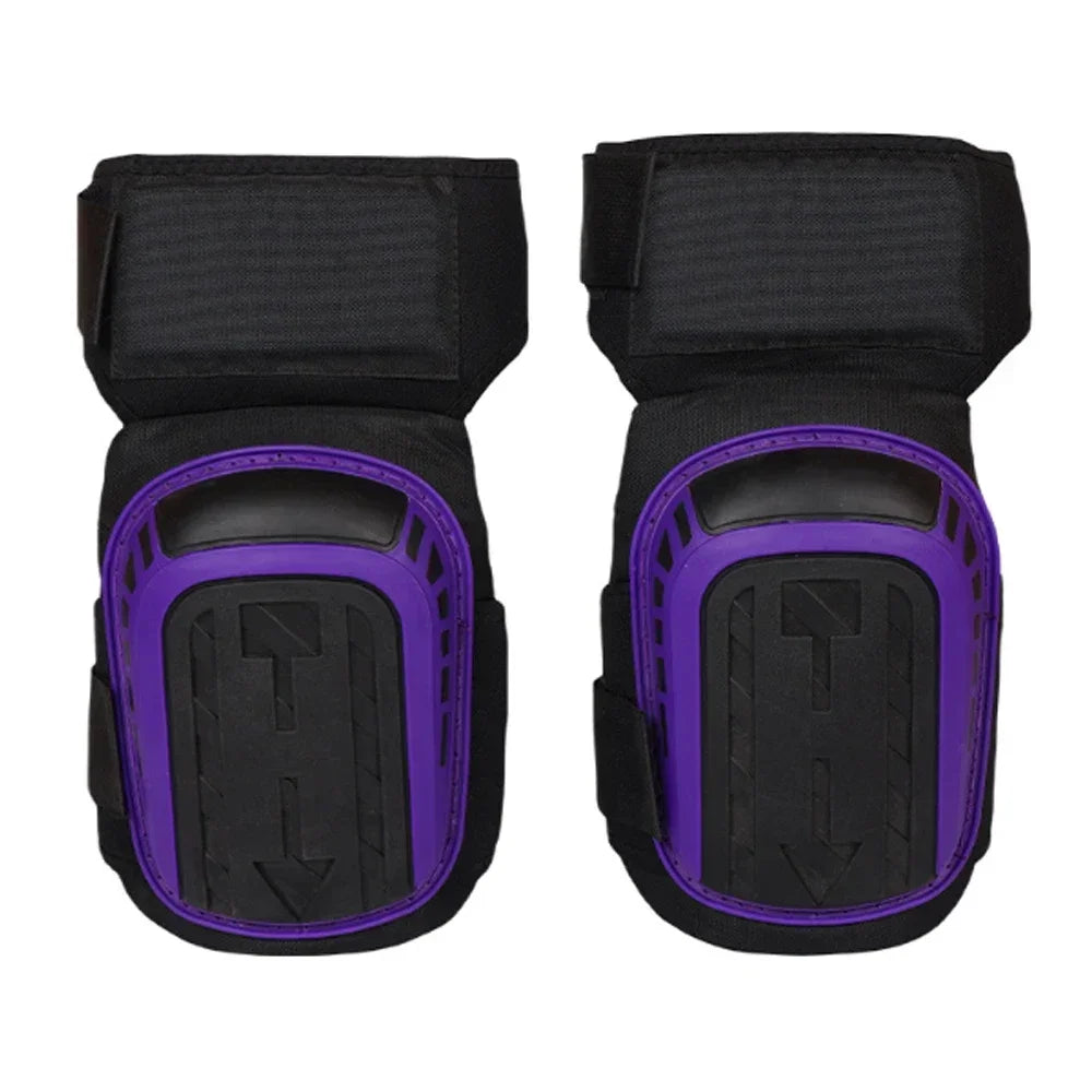 A pair of black heavy-duty gel knee pads with purple accents and adjustable straps.