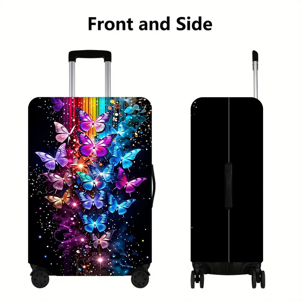Front and side view of iridescent butterfly print luggage cover for suitcases