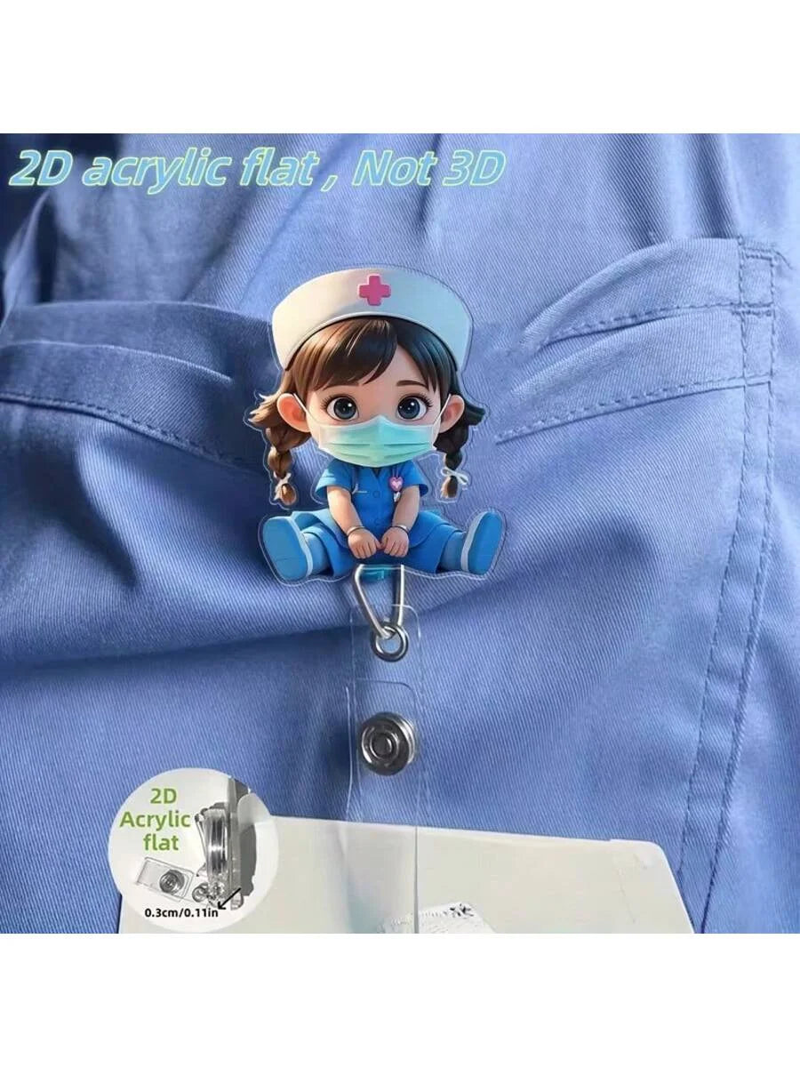 2D acrylic flat nurse figurine with a mask and cap displayed on a blue fabric background.