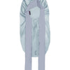 Light blue satin sleep bonnet with a purple adjustable tie