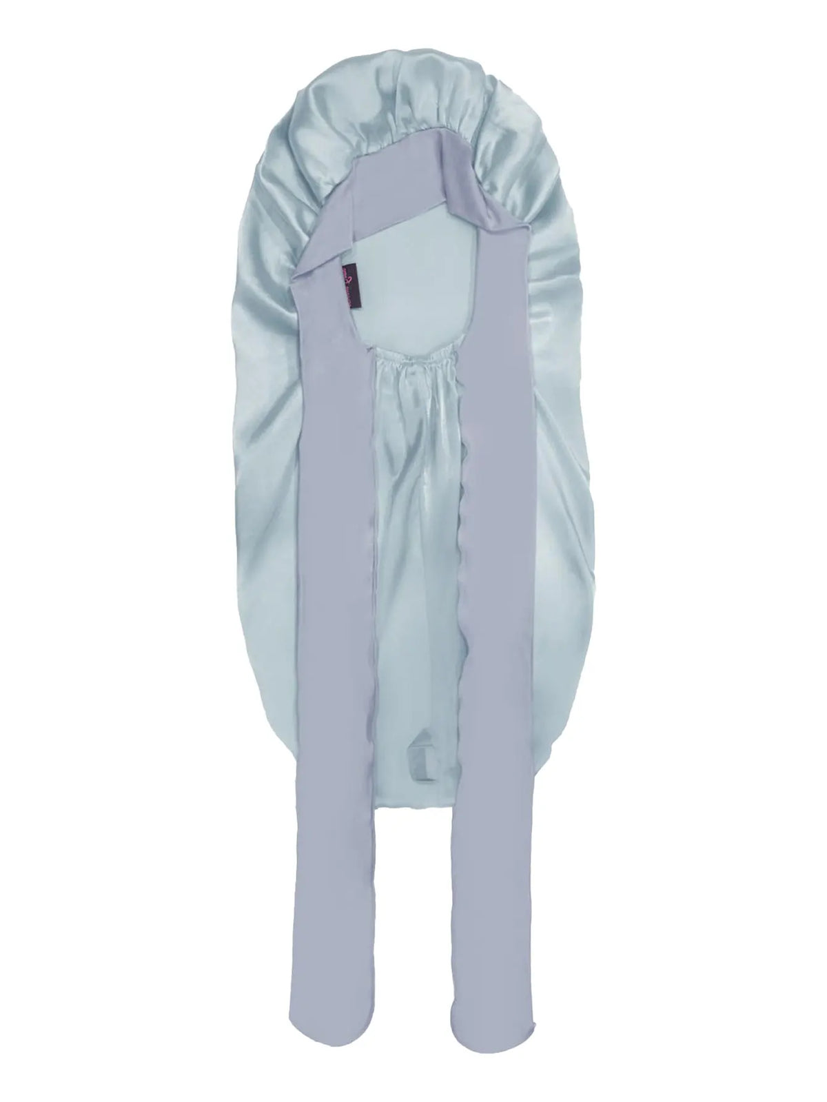 Light blue satin sleep bonnet with a purple adjustable tie