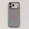 A matte gray phone case with an orange circular design and MagSafe support visible from the front.