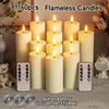 A collection of 8 to 160 flameless pillar candles in pale yellow and cream colors displayed on a table with remote controls.