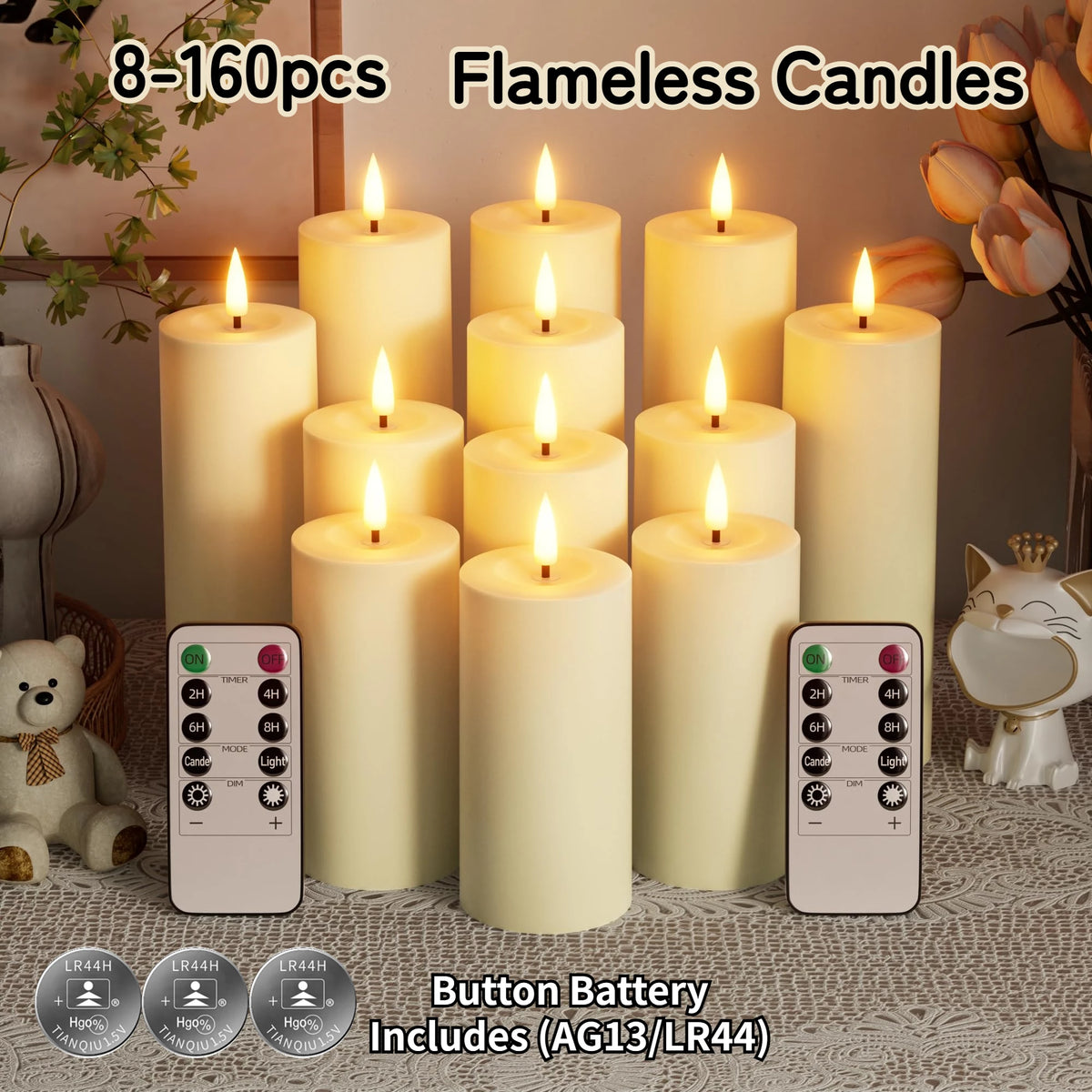 A collection of 8 to 160 flameless pillar candles in pale yellow and cream colors displayed on a table with remote controls.