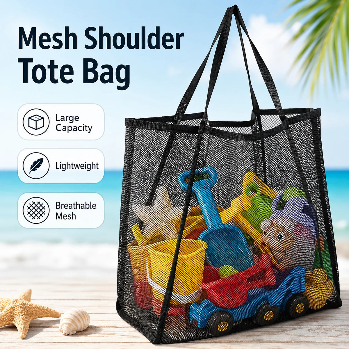 Black mesh shoulder tote bag filled with colorful toys on a wooden surface near the ocean