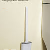 A white silicone toilet brush is shown hanging on a wall mount, with an inset showing the brush head.