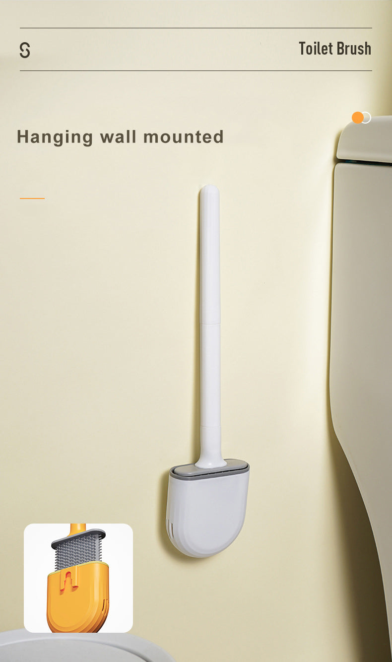 A white silicone toilet brush is shown hanging on a wall mount, with an inset showing the brush head.
