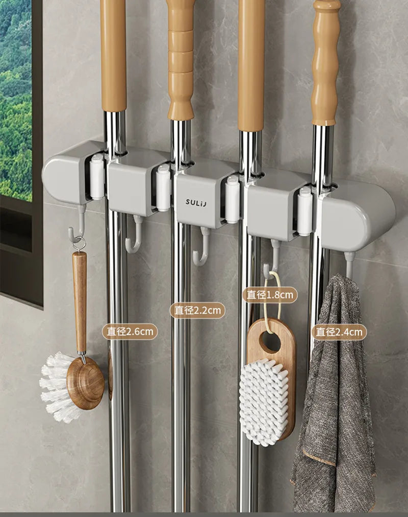 Wall-Mounted Mop and Broom Holder with Adhesive Mount