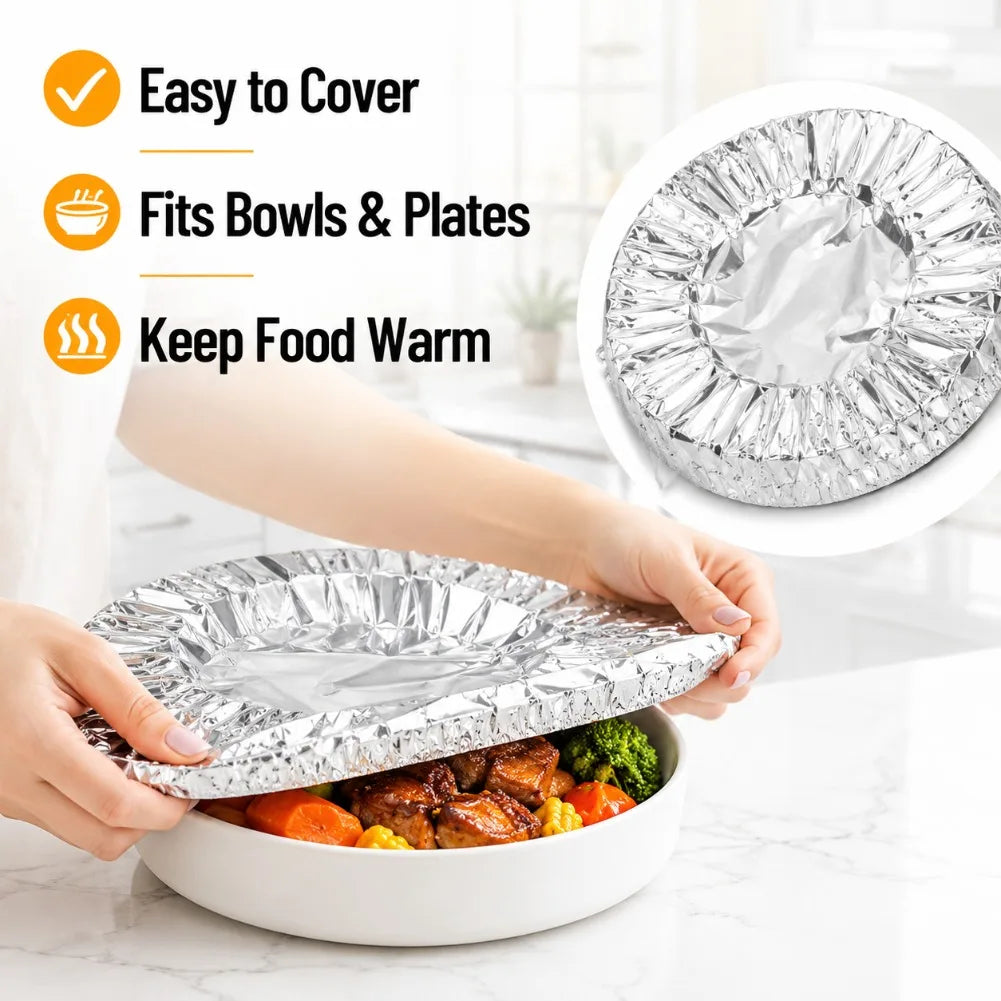 Hands holding a reusable aluminum foil bowl cover over a bowl of cooked food.