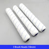 Three white paint brush heads with blue bristles are displayed on a gray background.