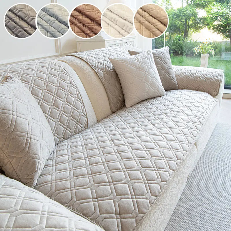 Light beige anti-slip sofa cover featuring a quilted geometric pattern with brown accents.