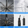 A foldable car windshield sun shade umbrella showing its ribs, solid stick, and frosted handle.