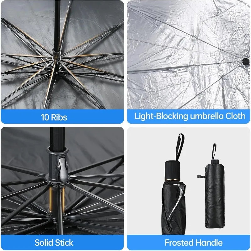 A foldable car windshield sun shade umbrella showing its ribs, solid stick, and frosted handle.