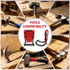 A close-up view of a red belt hammer holder with a secure grip tool surrounded by various hand tools on a wooden surface.