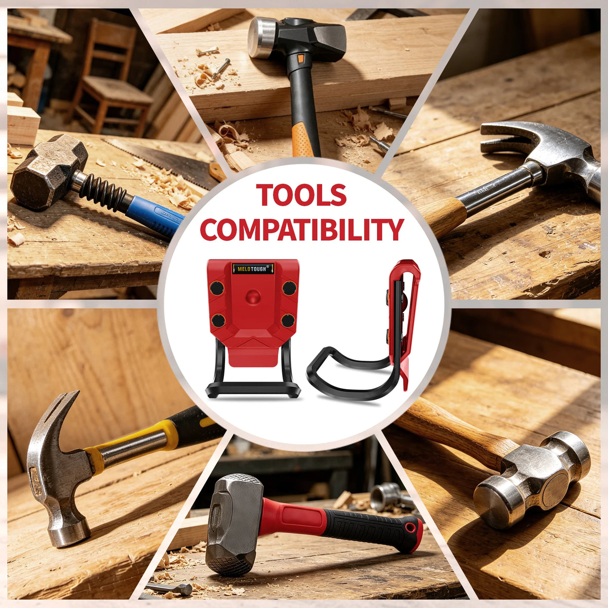 A close-up view of a red belt hammer holder with a secure grip tool surrounded by various hand tools on a wooden surface.
