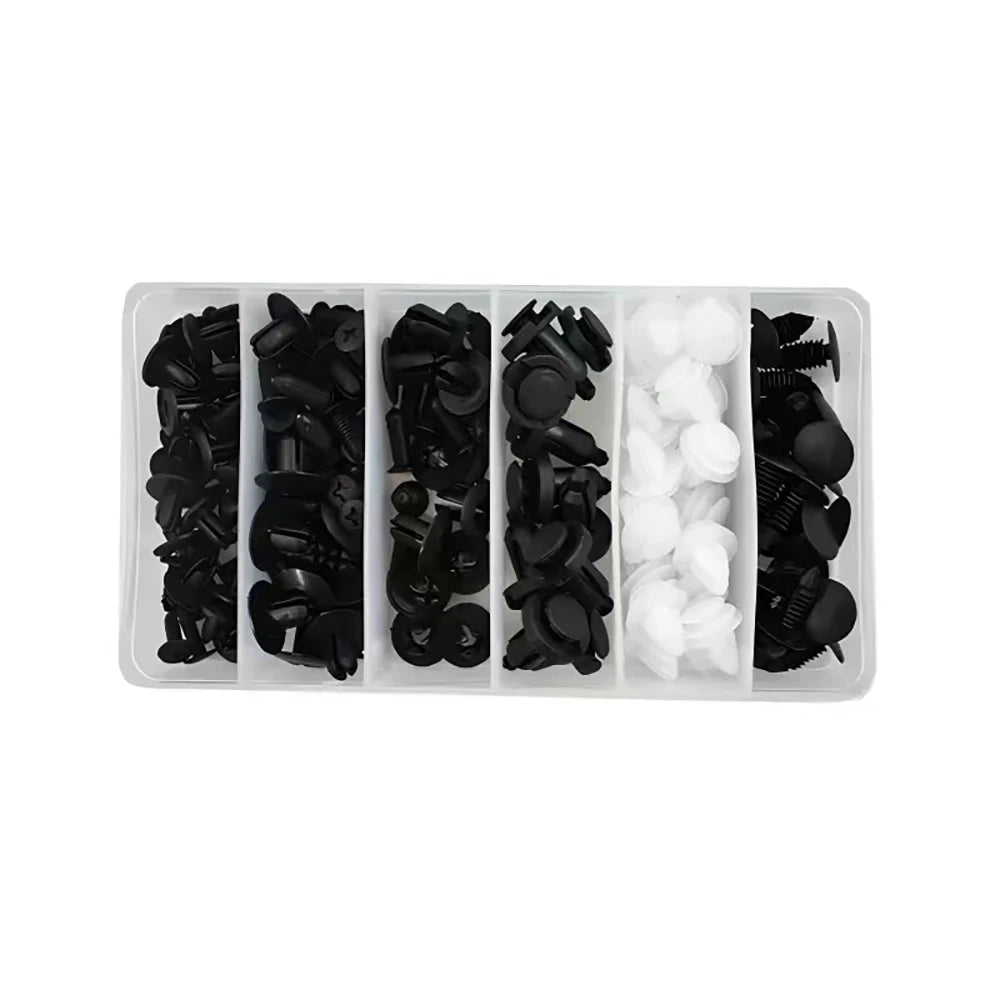 A white plastic tray containing a set of black and white auto trim panel retainer clips for body repair.