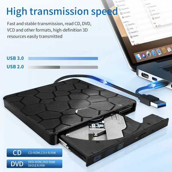 Portabler USB 3.0 DVD- und CD-Laufwerk mit schwarzem Gehäuse und Kabel.