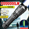 A black tactical flashlight with a zoom lens, showing specifications like 1000000LM and 800W power.