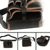A heavy-duty tool waist bag in black and brown canvas with multiple pockets shown from the front.
