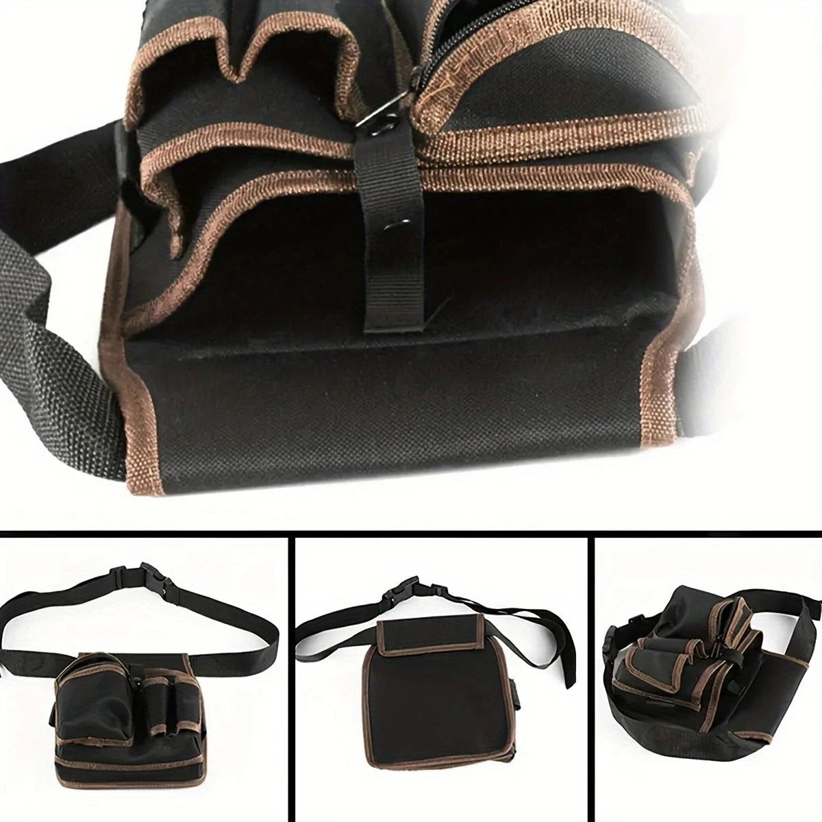 A heavy-duty tool waist bag in black and brown canvas with multiple pockets shown from the front.