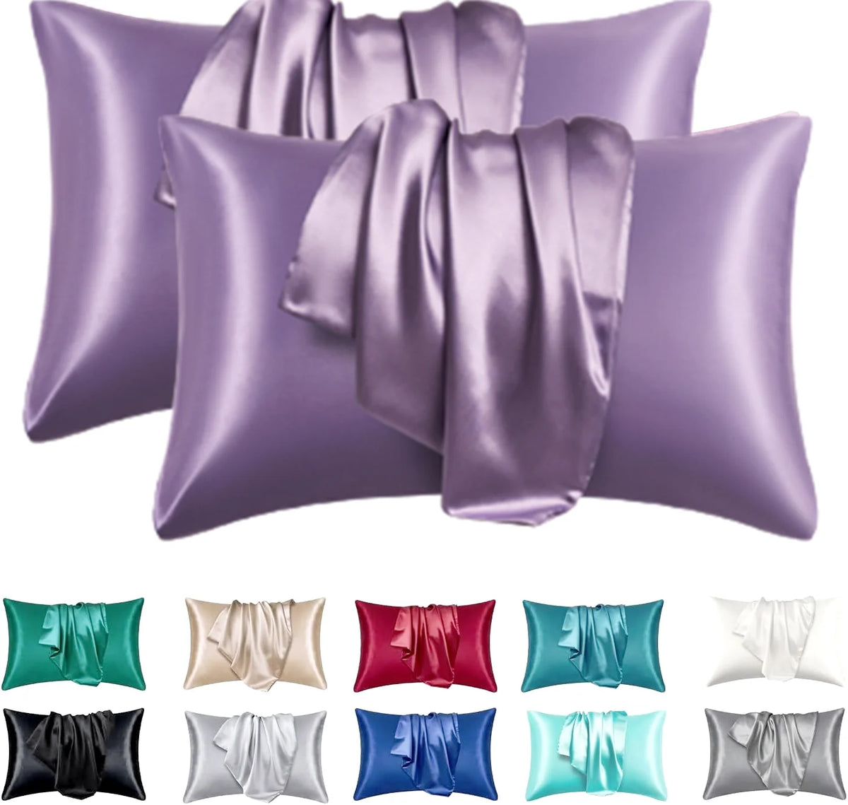 A collection of silky smooth satin pillowcases in various shades including purple, green, pink, and gray.
